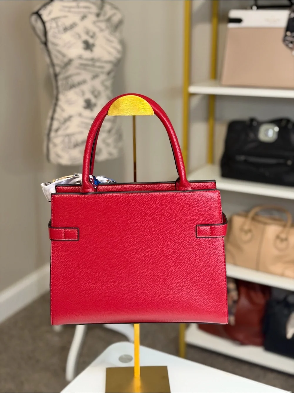 Red Structured Top-Handle Tote with Scarf Accent & Crossbody Strap